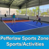 group playing pickleball with blue bar below and the words Pefferlaw Sports Zone Sports/Activities