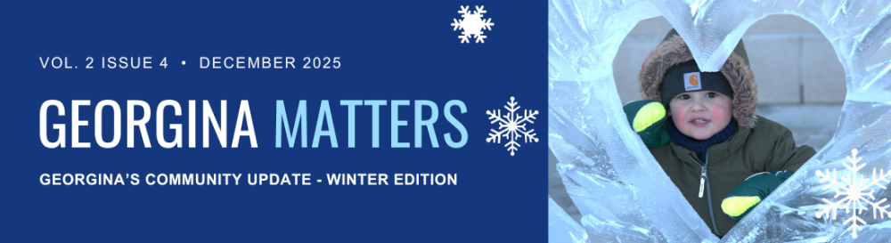 child behind an ice sculpture with text Georgina Matters, Georgina's Community Update Winter Edition Vol. 2 Issue 4 December 2025